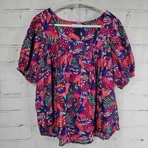 Island Collection Stella Parker Womens L Tropical Cotton Blouse Hawaiian Print